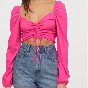 H&M x TATBILB Cropped Ruched Long Sleeve Peasant Crop Top - Medium in Hot Pink